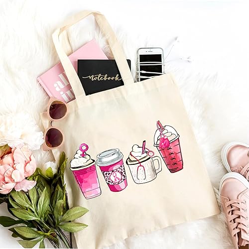 Miniatura 4 de Bolsa de lona para concientización sobre el cáncer de mama para mujer, lindas tazas de café divertidas, bolsa de compras reutilizable para amantes