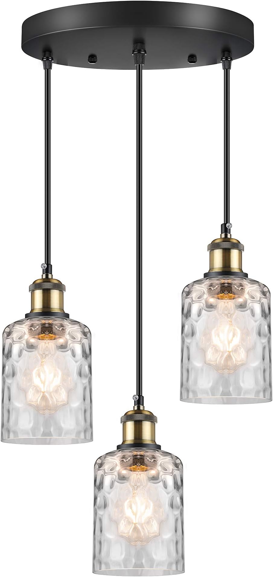 3 Light Pendant Lighting, Adjustable Dining Room Light Fixtures, Small Hanging Kitchen Lights,4.2'W*5.3'H Water Ripple Glass Pendant with E26 Bronze Base for Hallway, Bedroom, Living Room