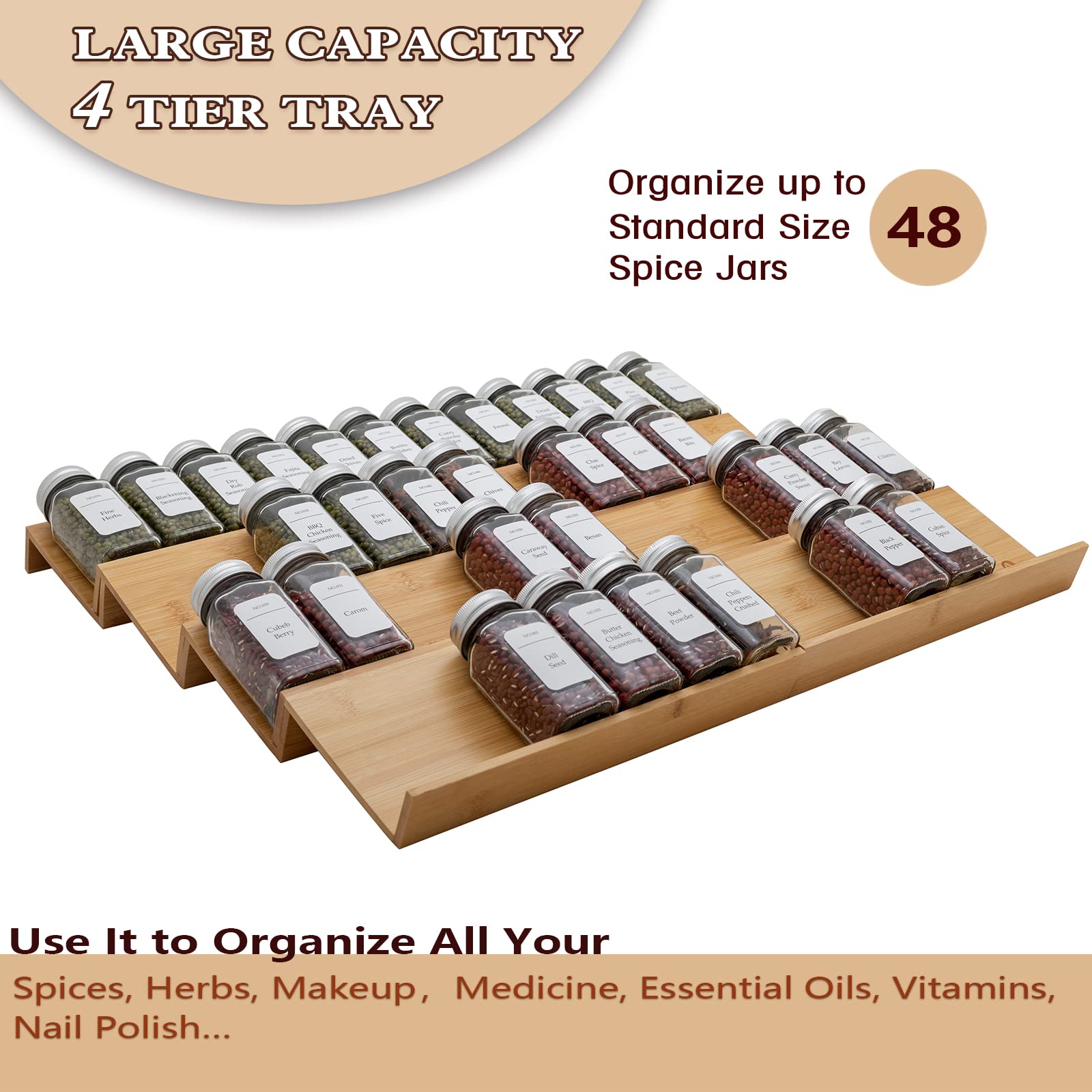 Angimio Bamboo Spice Rack Drawer Organizer - 8 Pieces Set- 11" Wide Per Piece - Combine Pieces Into 22" Wide Rack (11" or 22")