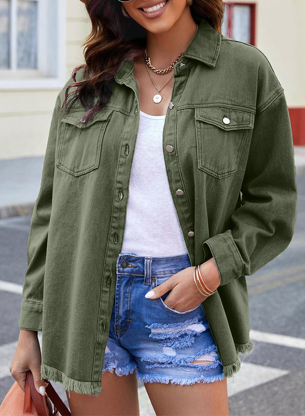 Dokotoo Jeansjacke Damen Übergangsjacke Oversize Jeans Jacken Jeanshemd Distressed Fransen Denim Hemdjacke mit Taschen S-2XL