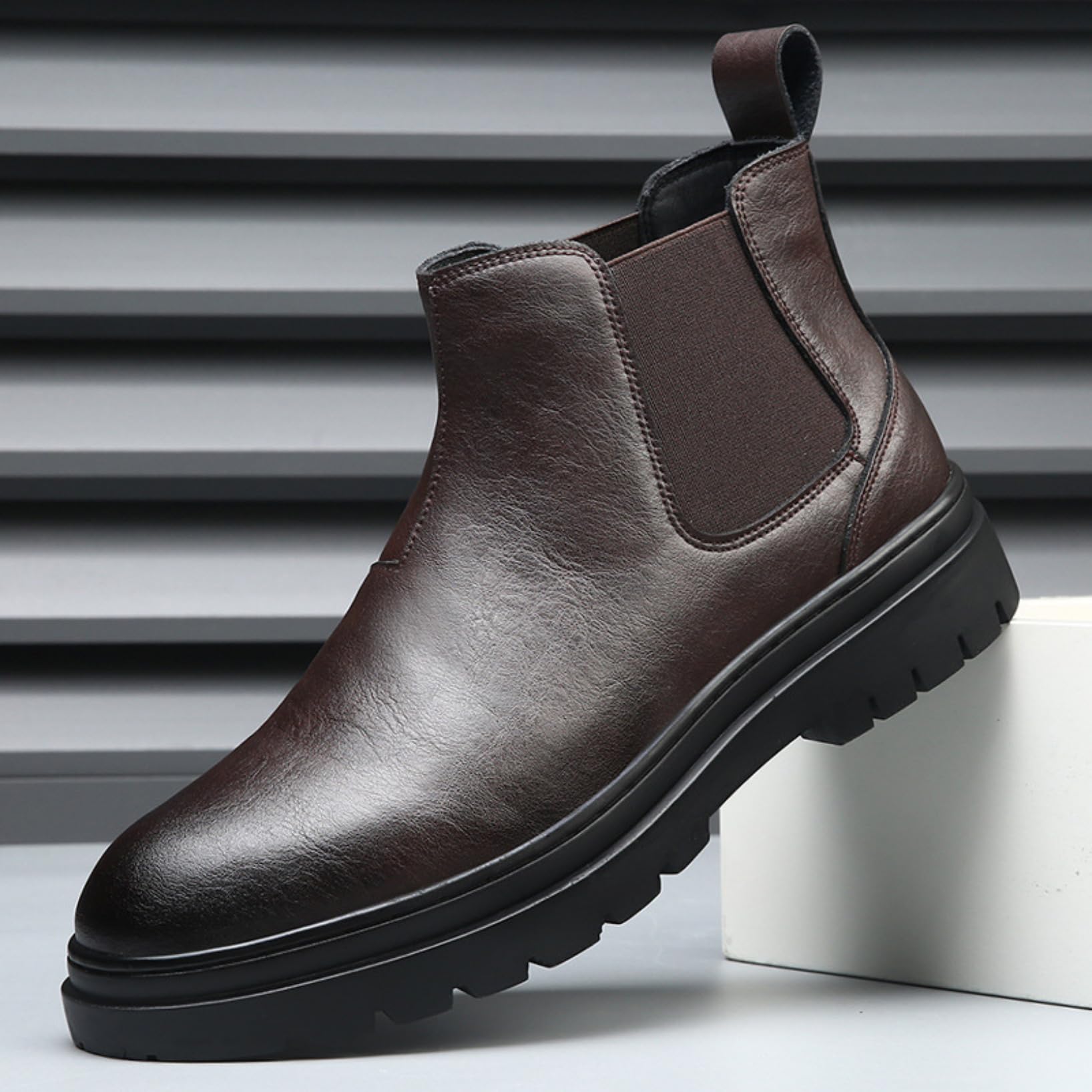 Genérico Hombre Tacón Plano Botas Cortas De Plataforma Punta Redonda Cuero PU Botines Chelsea Sin Cordones Bota Casuales