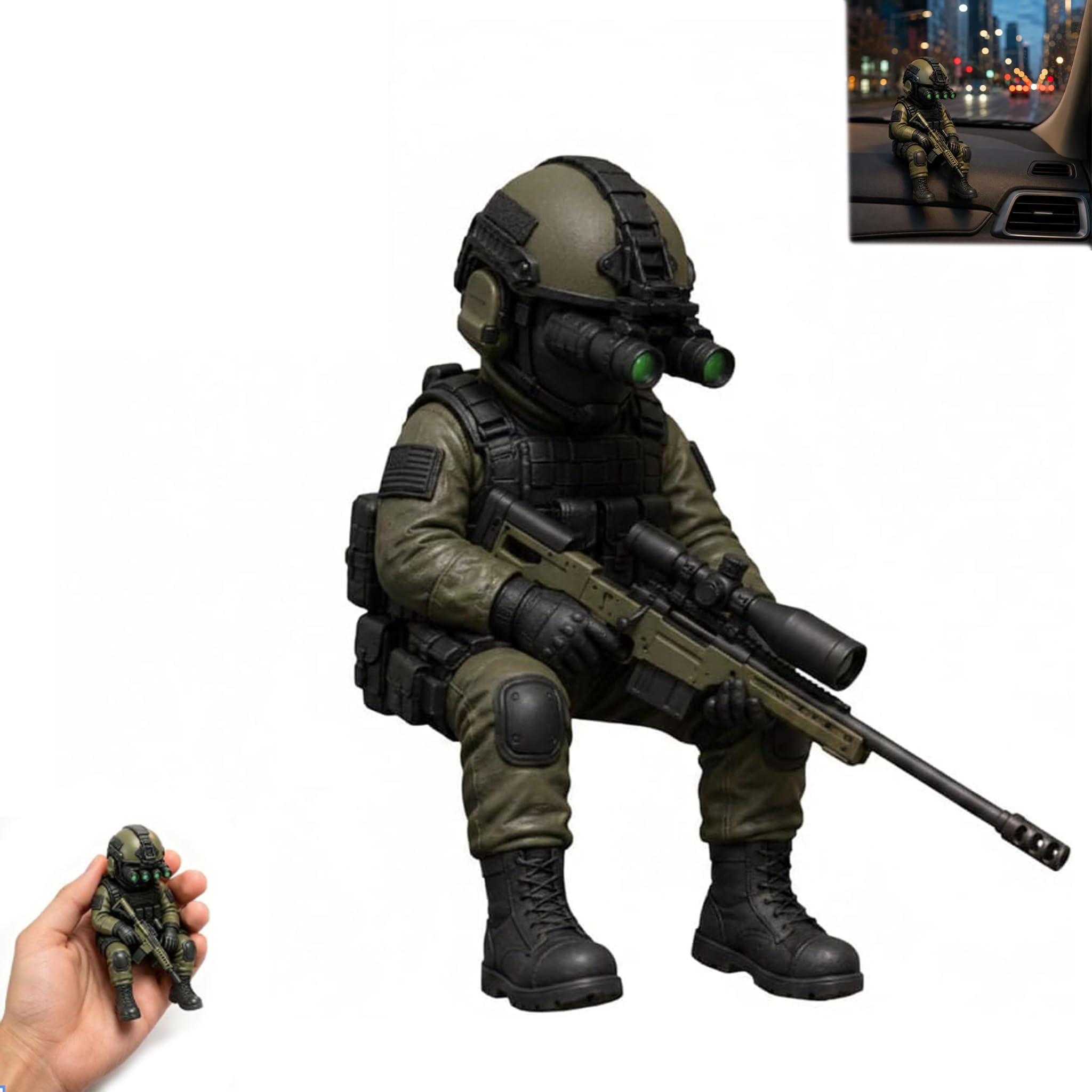 Tactical Mini Soldier Figurine, Sitting Operator Action Figure with Night Vision, Realistic Special Forces Monitor Buddy, Desktop Gaming Decor Collectible for Military Veterans Men (A)