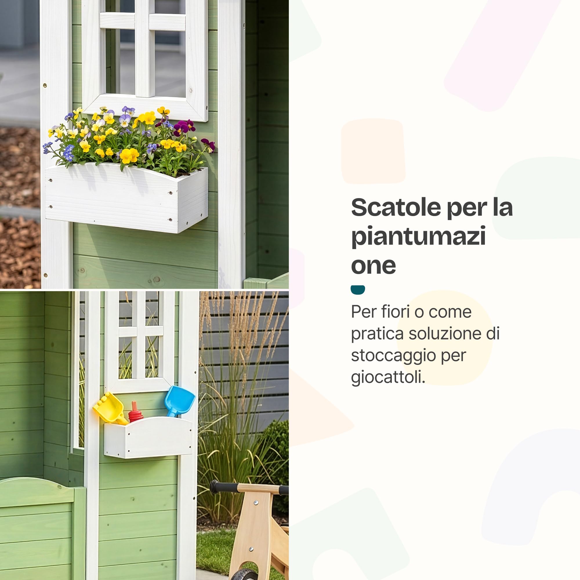 [en.casa] Casetta da Gioco per Bambini in Legno di Abete con Tetto a Capanna Finestre Fioriere e Cancello Casetta da Giardino per Bimbi 144x107x90 cm Verde/Bianco
