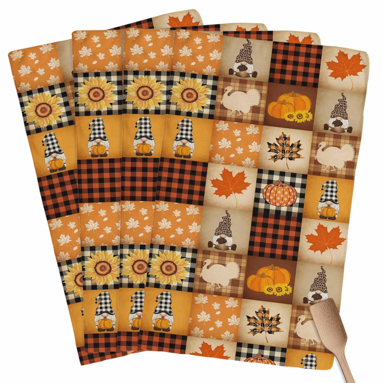 Fall Kitchen Towels Gnome Turkey Pumpkin Thanksgiving Hand Towels Buffalo Check Plaid Dish Towel Cleaning Cloth Soft Absorbent Quick Drying 4 Pack Dish Cloths for Kitchen, Bathroom Autumn Decoration