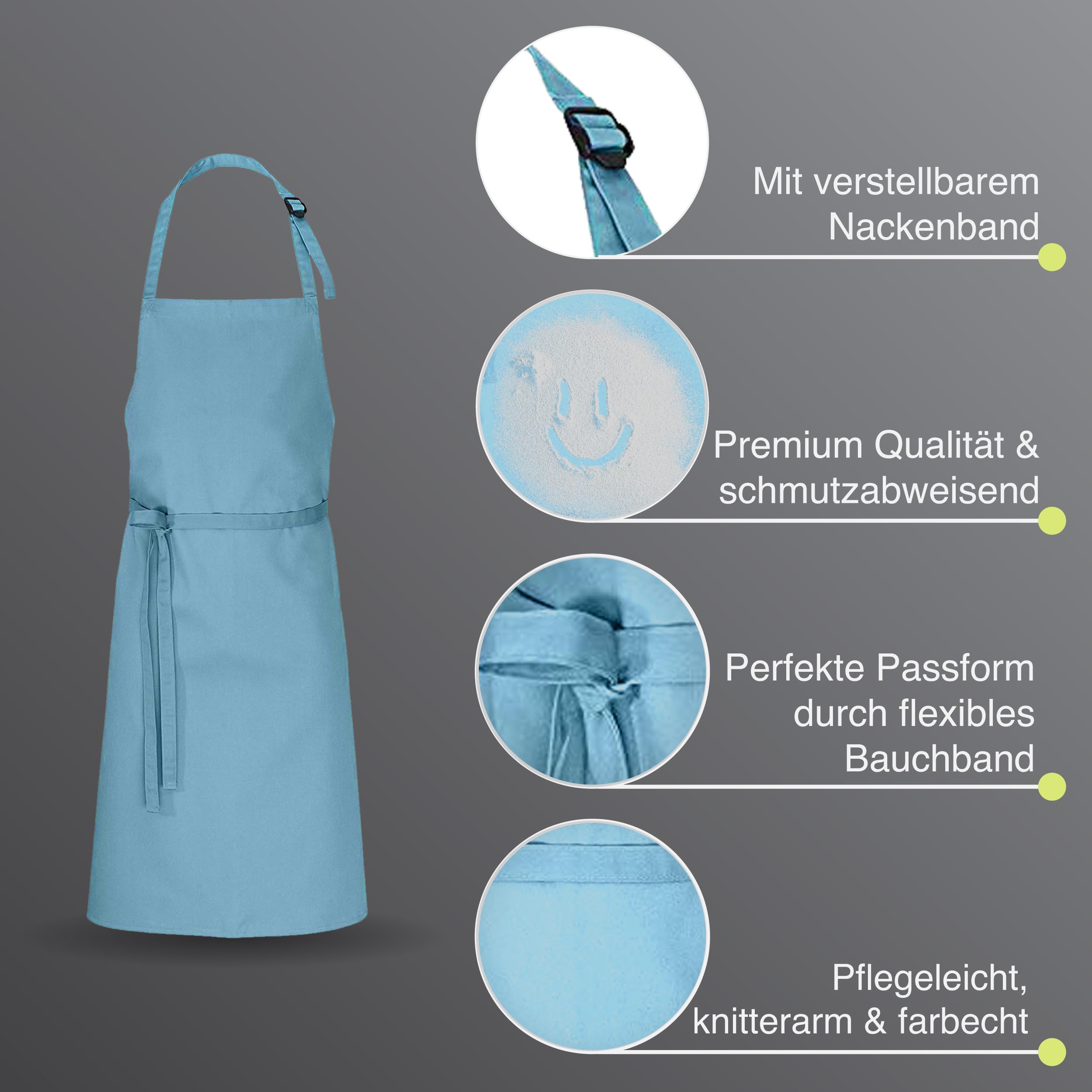 Set of 10 Premium Adjustable Aprons 100x80 cm ✓ Professional Apron for Men & Women ✓ Cotton Polyester Blend ✓ Multiple Colours ✓ 220 g/m² (Sky Blue)