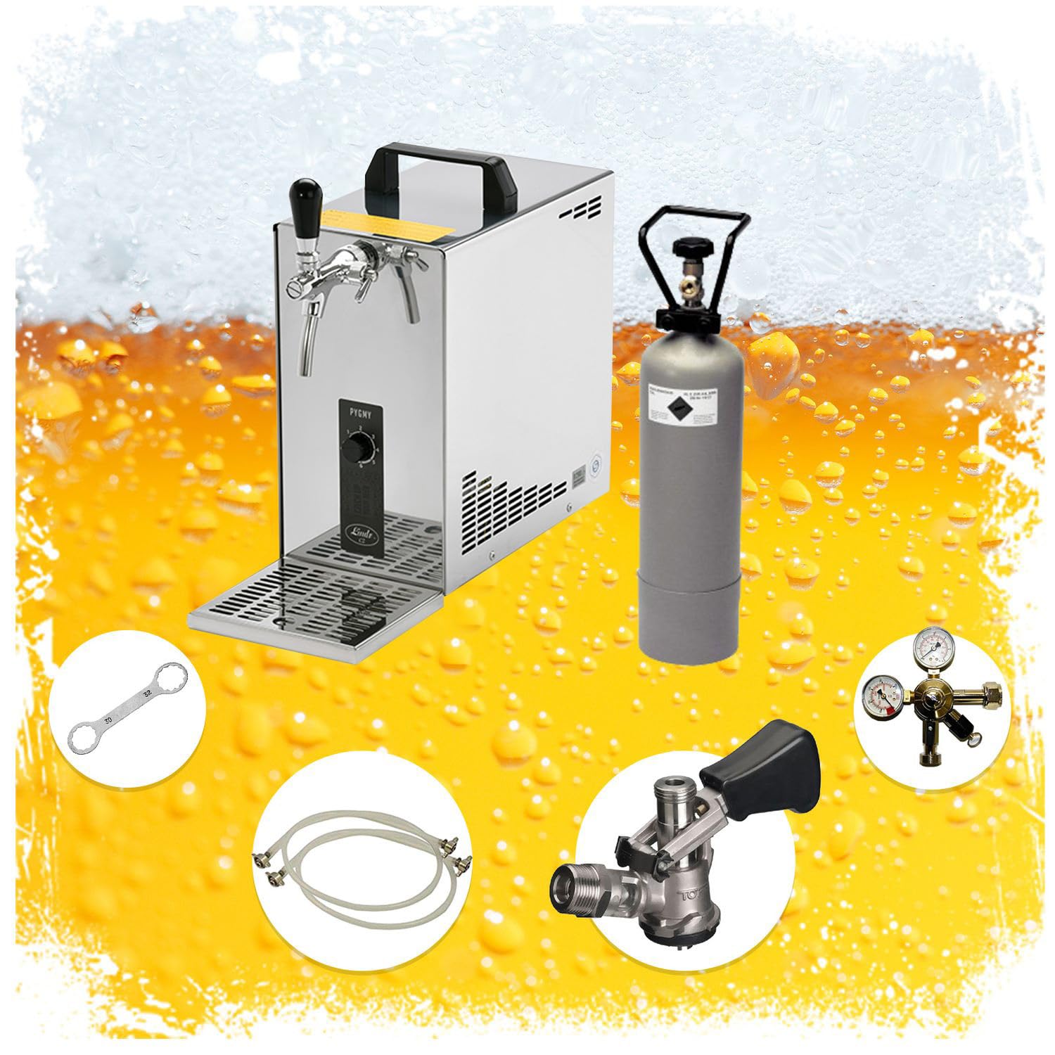 Komplett Set - Zapfanlage, Bierzapfanlage, Bierkoffer, Durchlaufkühler PYGMY 25 1-leitig Trockenkühler, 35 Liter/h, Zapfkopf:KeyKeg