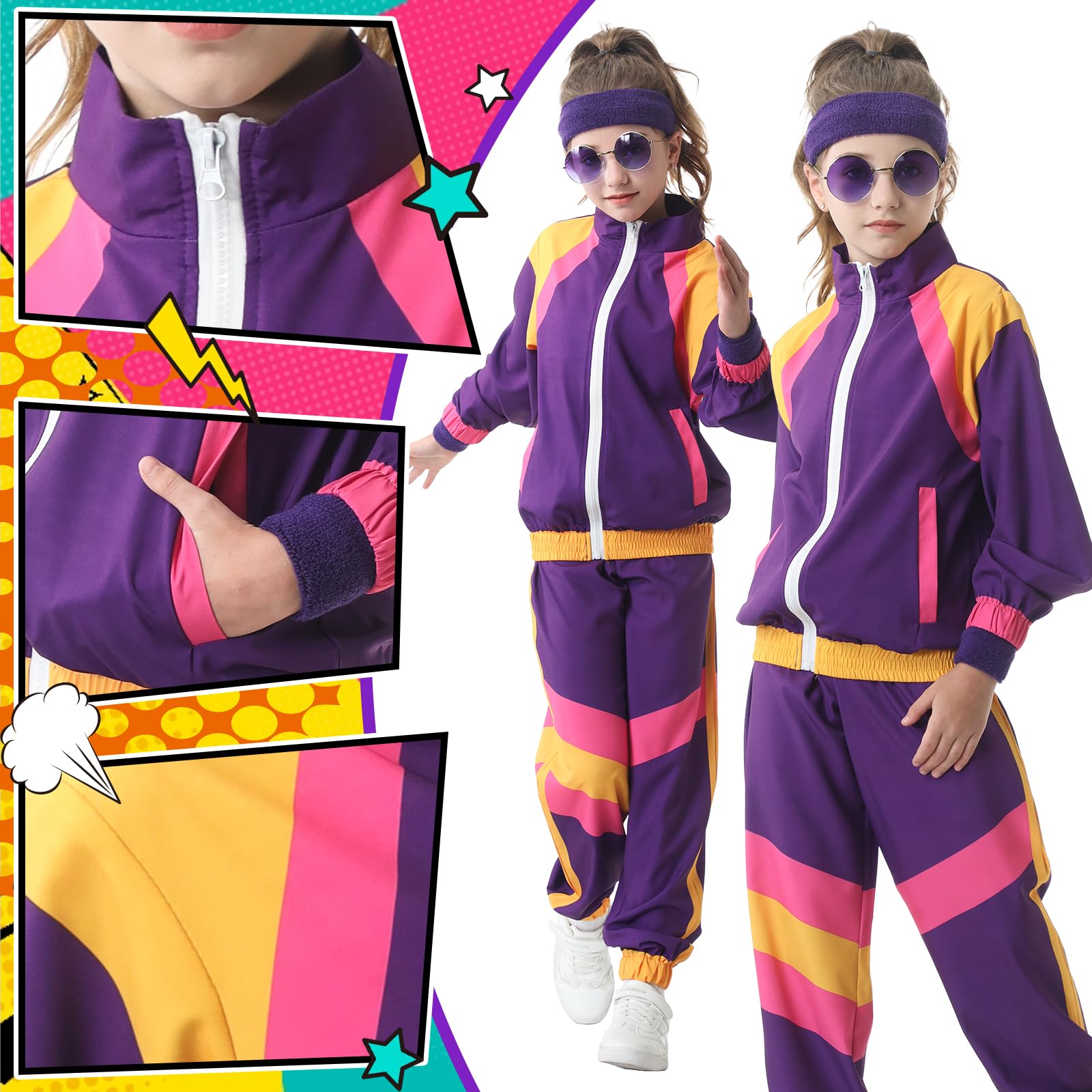 Hislovy 80s Tracksuit for Kids 90s Outfits Boys Girls 6PCS Hip Hop Dance Costume, Colorblock Jacket for Retro Theme Party (Purple, 130) - Image 4