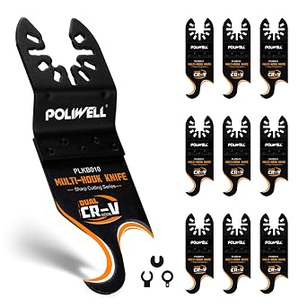 POLIWELL Oscillating Multi Tool Hook Knife Blade 10PCS,Oscillating Multitool Blades for Cutting Roofing Shingles,Dual-Hook Oscillating Tool Blade for Cardboard, PVC Carpet, Artificial Turf