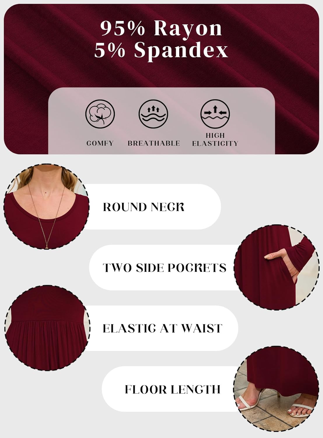 DEARCASE Women Dress Burgundy XX-Large Crewneck Long Sleeves Maxi Wedding Guest A-line Plain Casual Empire Waist Flowy Party Vintage Spring Fall Winter Floor Dresses with Pocket - Image 6