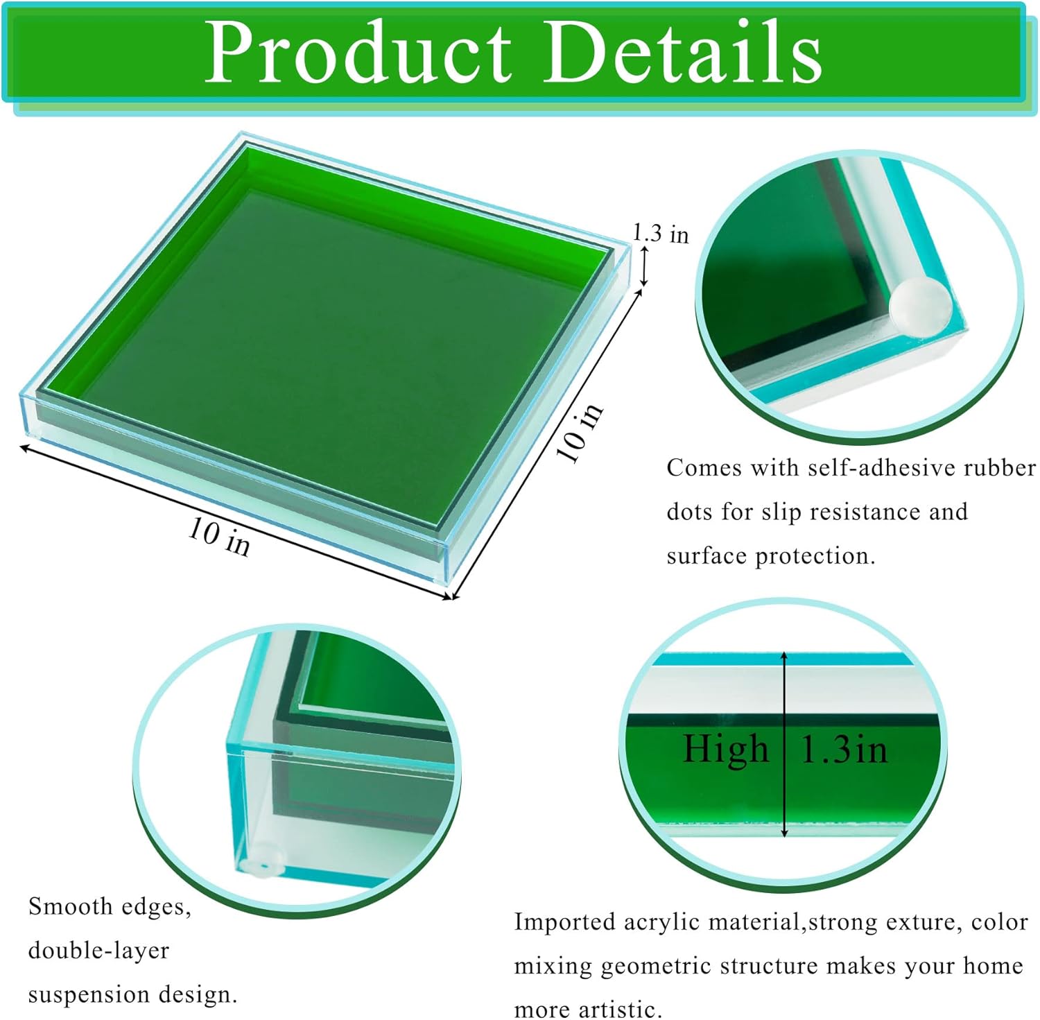 Creative Acrylic Decorative Tray, 10"x10" Modern Decorative Trays Jewelry Perfume Makeup Organizer Clear Square Bathroom Sink Vanity Tray for Bathroom, Vanity, Serving, Coffee Table, Living Room Green