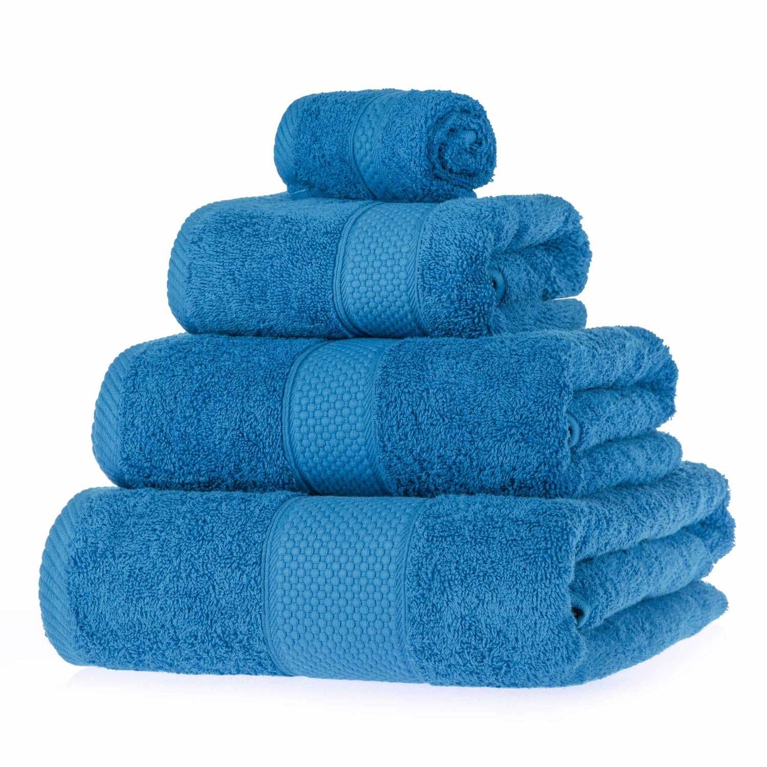 HOMESCAPES Cobalt Blue Turkish Cotton 4 Piece Towel Set Soft & Absorbent 500 GSM Heavyweight Face Cloth, Hand Towel, Bath Towel & Bath Sheet Towel Bale