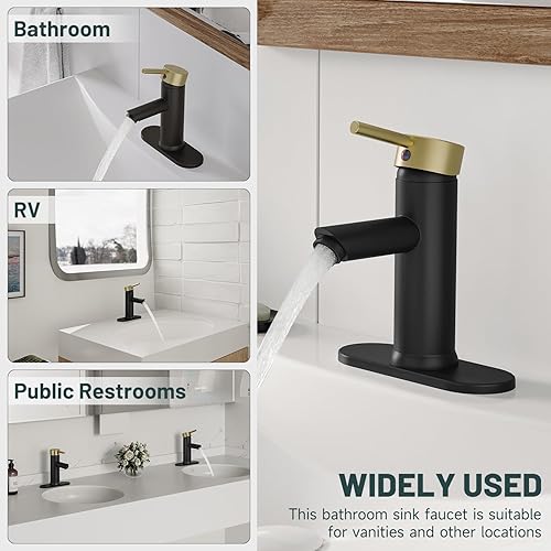 Miniatura 8 de Grifo de lavabo de baño negro y dorado, con una sola manija, un agujero, grifo de lavabo con placa de cubierta y línea de suministro, latón