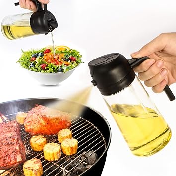 2-in-1 Olive Oil Dispenser and Sprayer - 16oz Kitchen Oil Spray Bottle - Ideal for Cooking, Air Fryer, Salads, BBQ - Refillable, Easy to Use and Clean