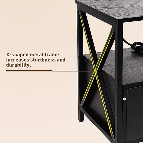 Miniatura 5 de Moderna mesita de noche con estación de carga, mesa auxiliar de madera con cajón y estante abierto, mesita de noche con puertos USB y tomacorriente,