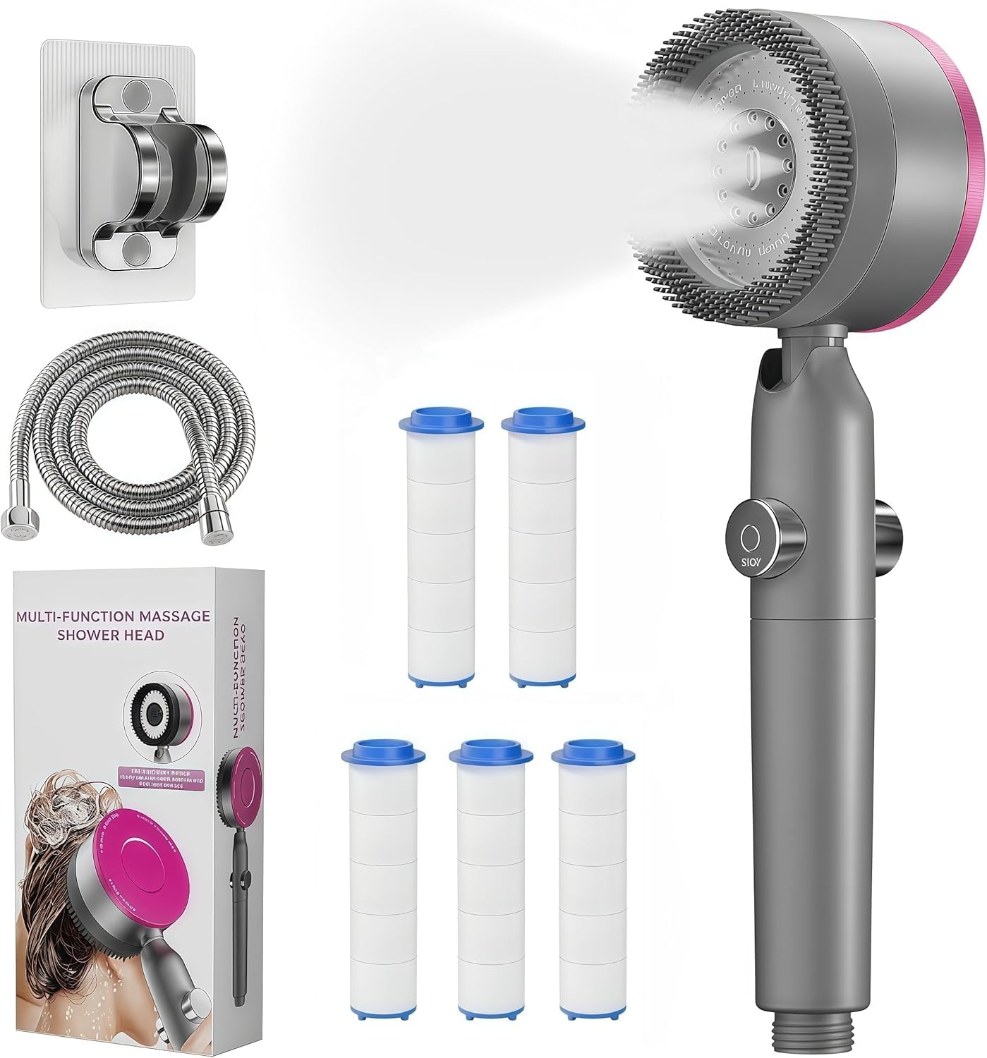Ion Drops Shower Head, 5 Filters & 59" Hose, 30° Adjustable High Pressure Shower Head with 4 Modes, Handheld Filtered Showerhead Includes Holder & ON/Off Switch - Chlorine Removal(Grey)