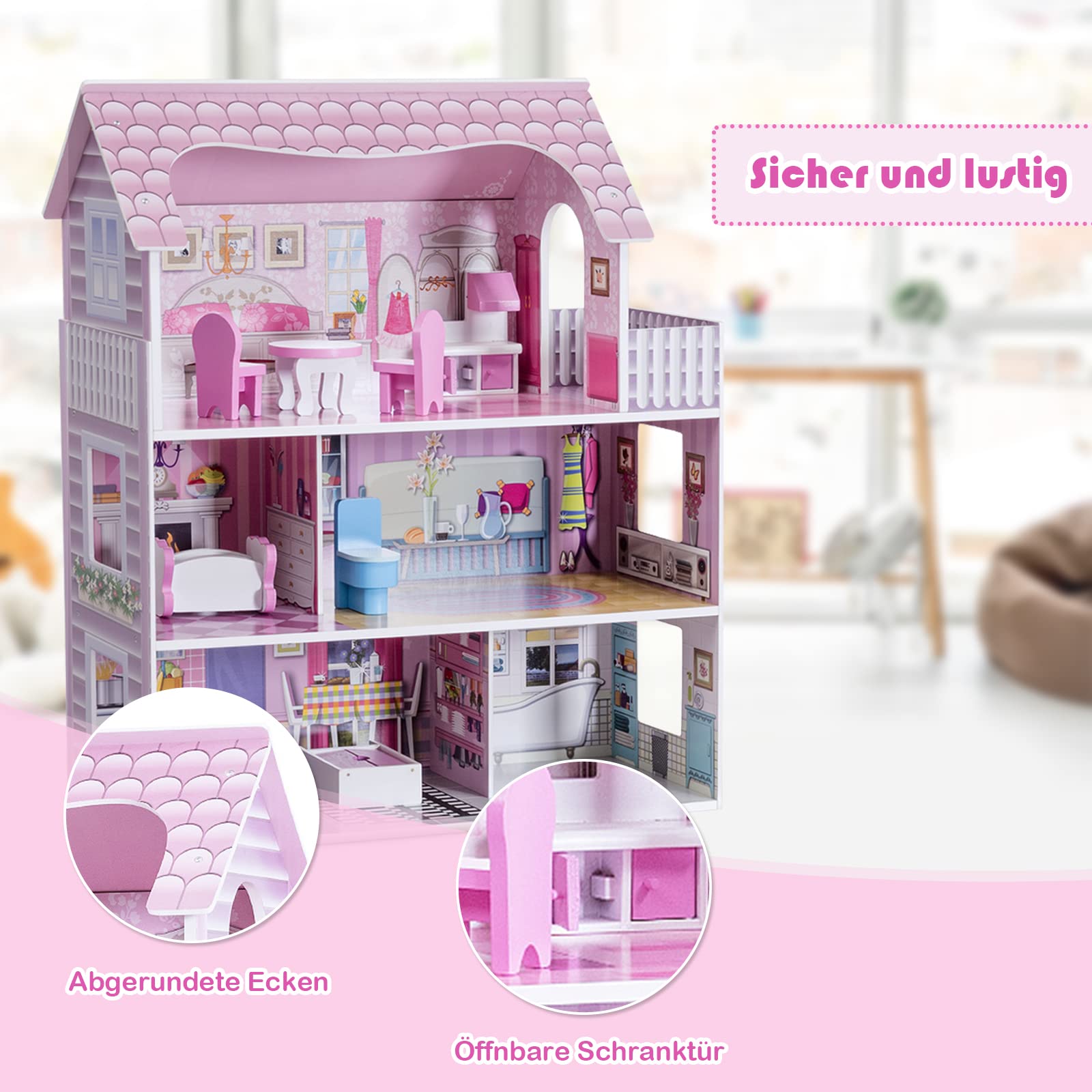 DREAMADE Puppenhaus Holz, Holzpuppenhaus mit Zubehör und Möbel, Dollhouse Puppenhaus Puppen für Kinder (Modell 1)