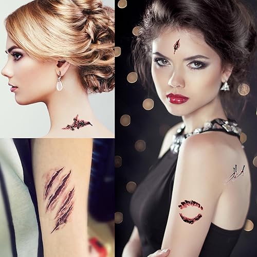 Miniatura 5 de YUERWOVER 89 hojas de cara, cuerpo, terror, realista, falsa, punto de herida, cicatrices, costra, impermeable, tatuajes temporales, calcomanías de