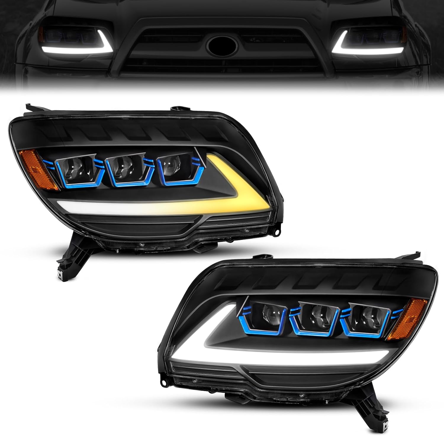 ELH 500% Brighter Triple LED projector Headlight Assembly Compatible With 2006-2009 Toyota 4Runner w/LED Sequential Daytime Running Lights 06-09 4Runner Headlamps Replacement