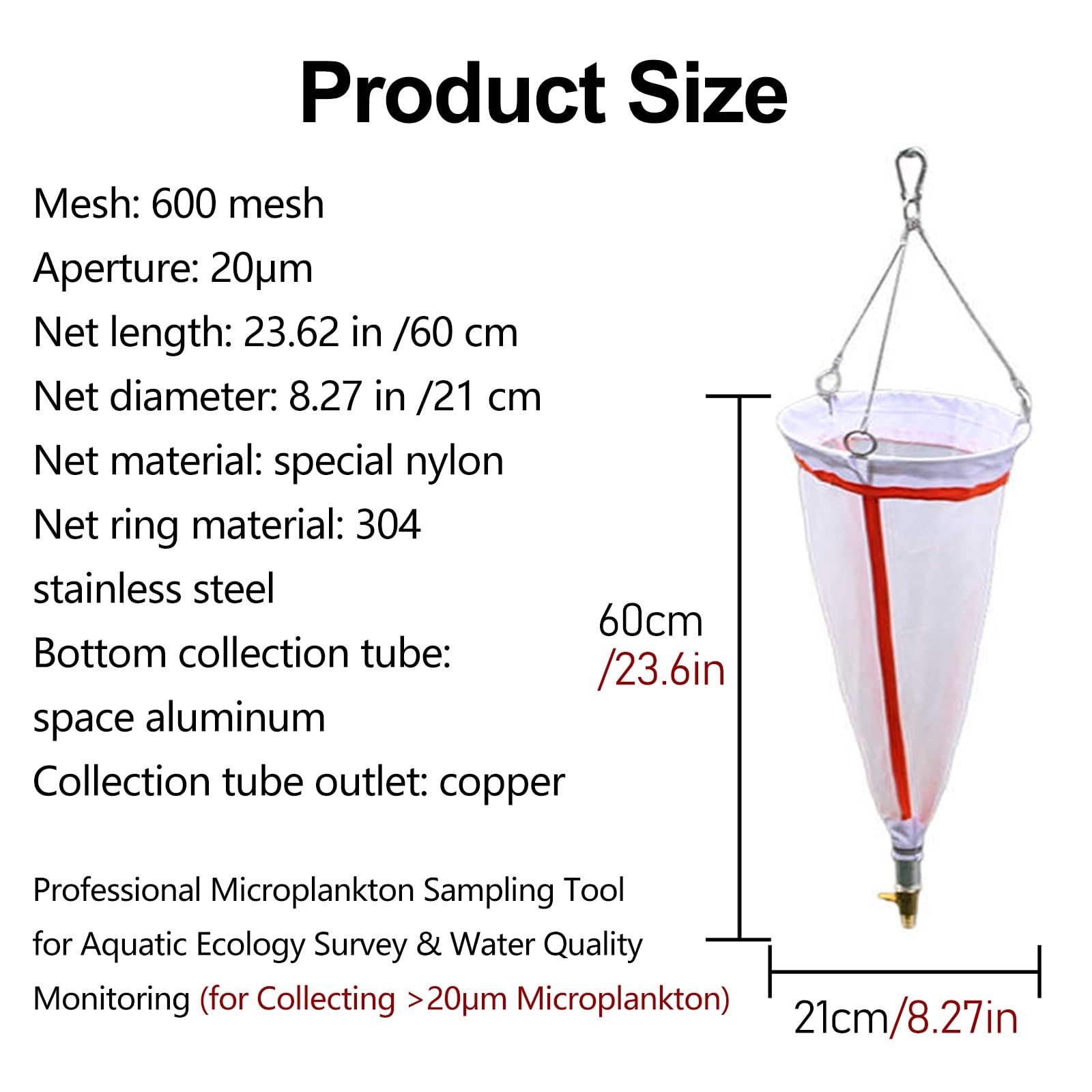 ERRULAN Planktonnetz mit 600/500/400/300 Mesh 60cm lang, Fluss-/See-Phytoplankton-Probenahmenetze mit 2 Auffangflaschen, experimentelles Nylon(20 Micron)