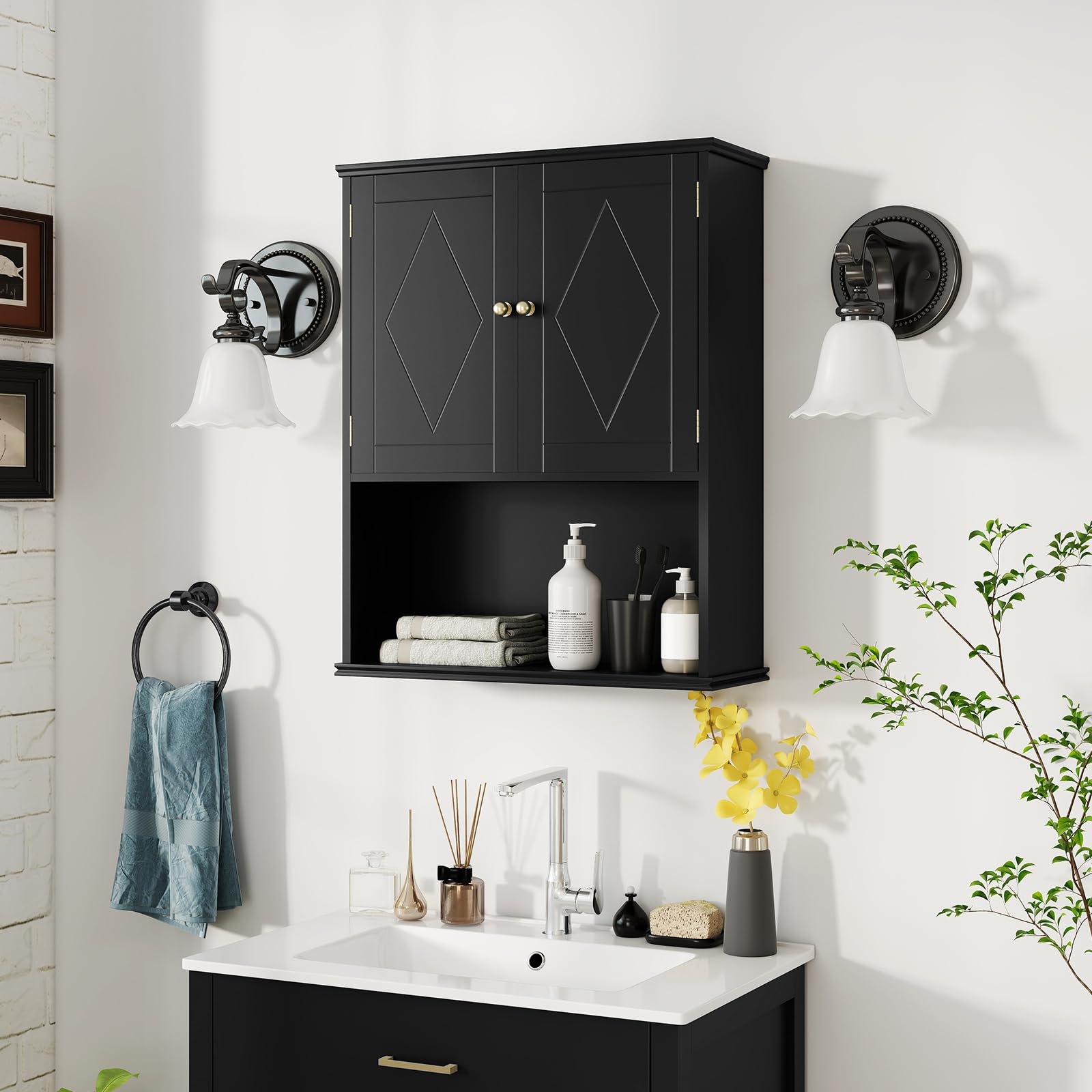 COSTWAY Armoire Murale Salle de Bain, Meuble WC Suspendu avec 2 Portes, Étagère Réglable, Compartiment Ouvert, Style Ferme, Gain de Place, pour Toilette, Buanderie, Cuisine, 21 x 60 x 75 cm (Noir)