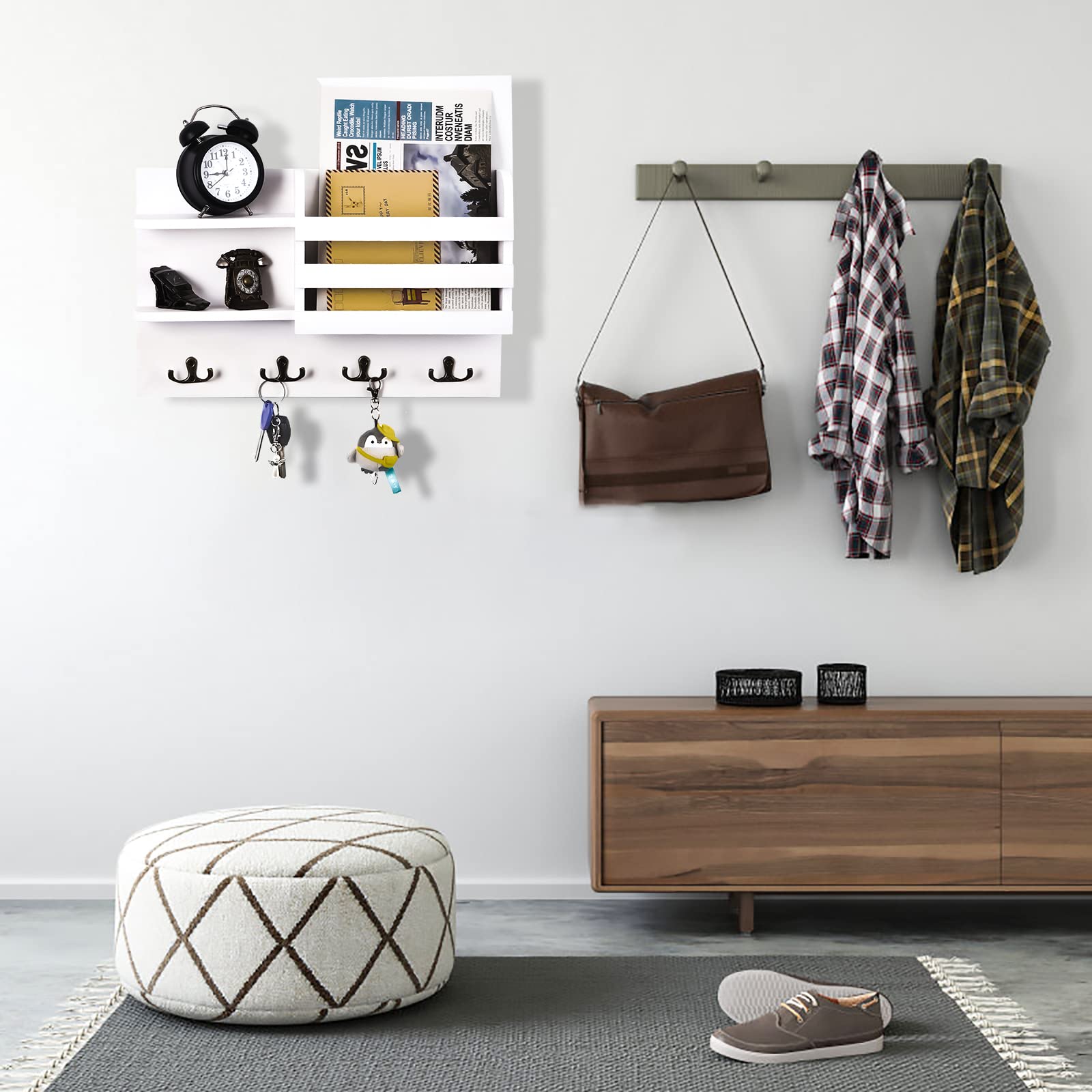 Porte Courrier Mural, Porte Courrier Bois,Porte Clef Mural, Porte-Courriers avec 4 Crochets Doubles,Porte-Courrier Mural en Bois pour Le Rangement de Vos Clefs Courrier Revues- blanc