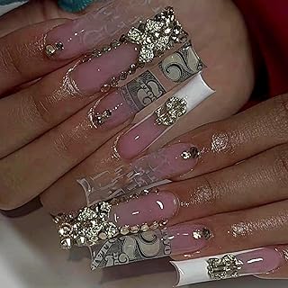 MISUD Press on Nails - Extra Long Square Glue on Nails with French Tip, Acrylic Dollar Money Rhinestone Design 24 pcs