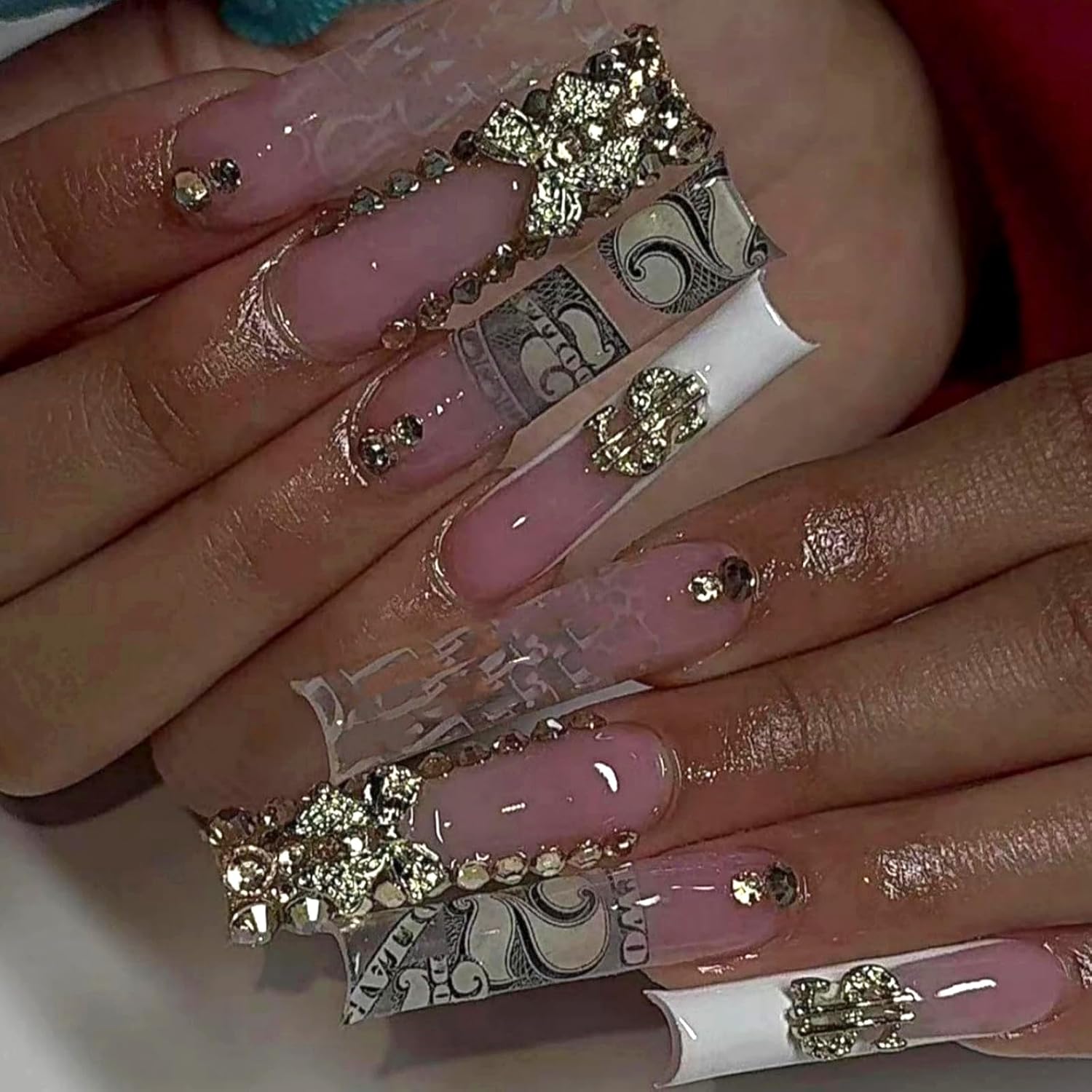 MISUD Press on Nails - Extra Long Square Glue on Nails with French Tip, Acrylic Dollar Money Rhinestone Design 24 pcs