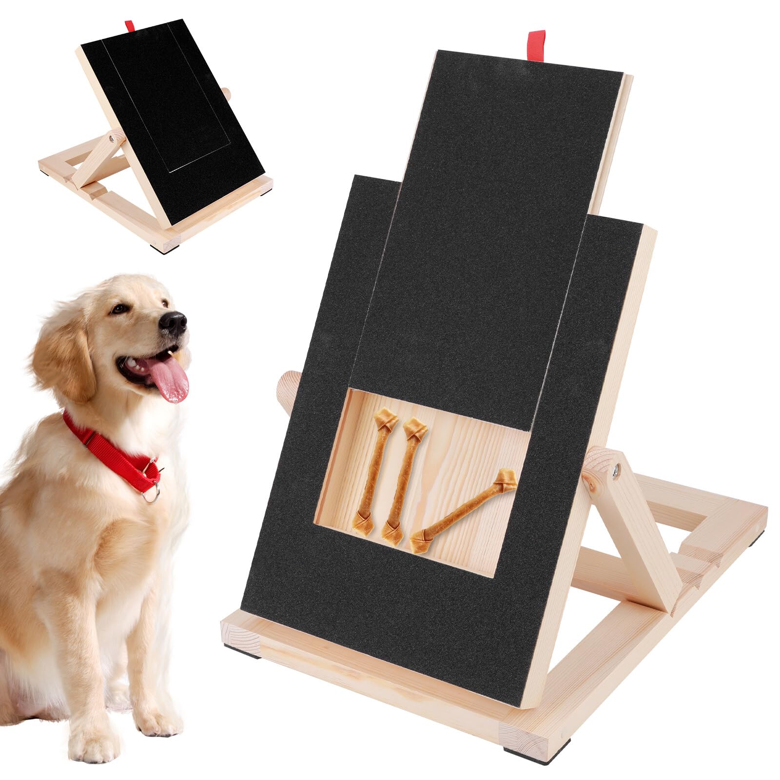 Pwocvoe Large Dog Scratch Board with Dog Treat Drawer, Wooden Dog Nail Paw Scratch Pad, Pet Nail Grinder Pad Dog Nail File Board Mat with 3 Height Adjustable Stand for Pets Nail Care