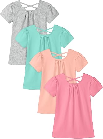 Poroka 4 Pack Toddler Girls Short Sleeve T-Shirts Puff Sleeve Cotton T-Shirt Soft Crew Neck Tees