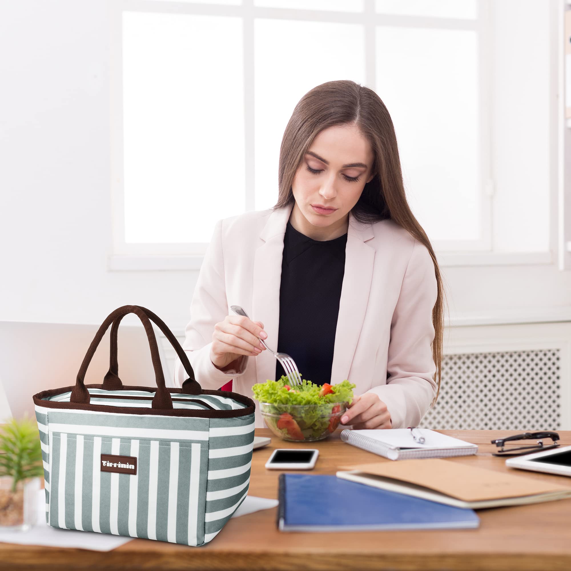 Borse da pranzo da donna per uomo, Borsa isolata per ragazze, Lunch box per adulti e bambini, Grande borsa isolata per lavoro/scuola/picnic, Grigio a righe