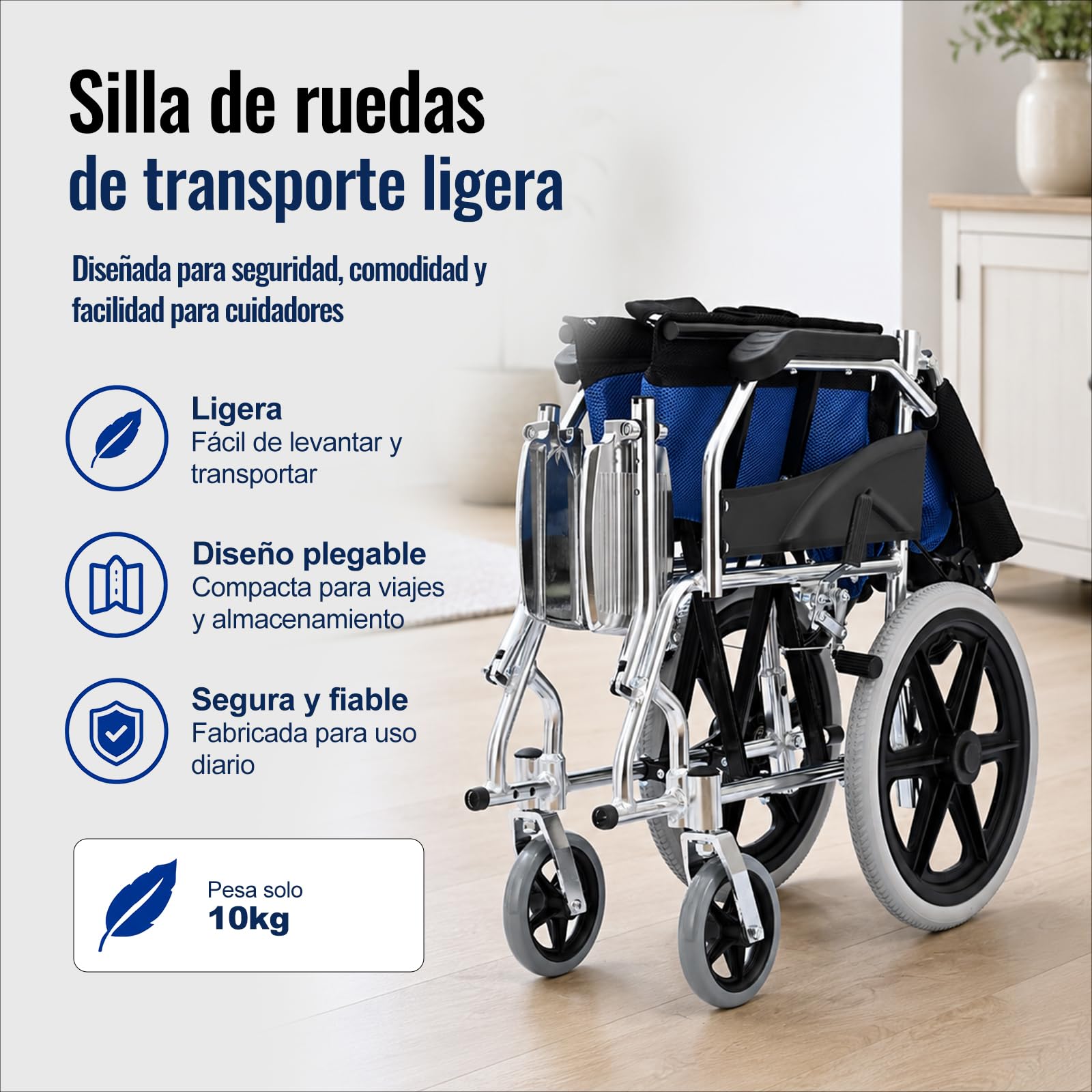 M3 Silla de Ruedas Plegable para Adulto, Ligera y Fácil de Transportar, Doble Sistema de Freno, Reposapiés Plegables, Soporta 100 kg, Ideal para Mayores y Usuarios con Movilidad Reducida