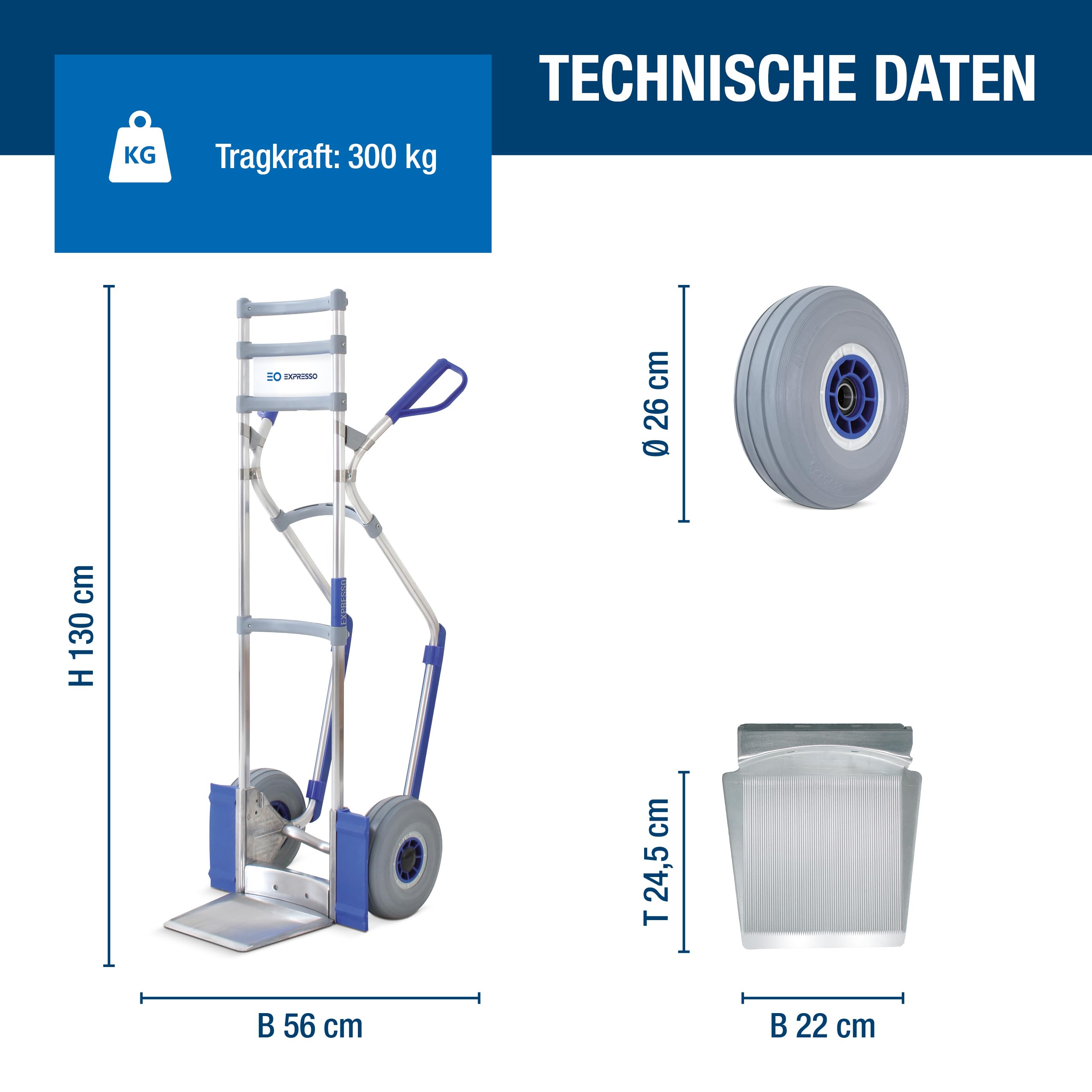 Vollmontierte EXPRESSO Alu Profi-Sackkarre AE201125 für Getränkekisten und Fässer / 250kg / Vollgummireifen/Schaufel L 24,5 x B 22 cm