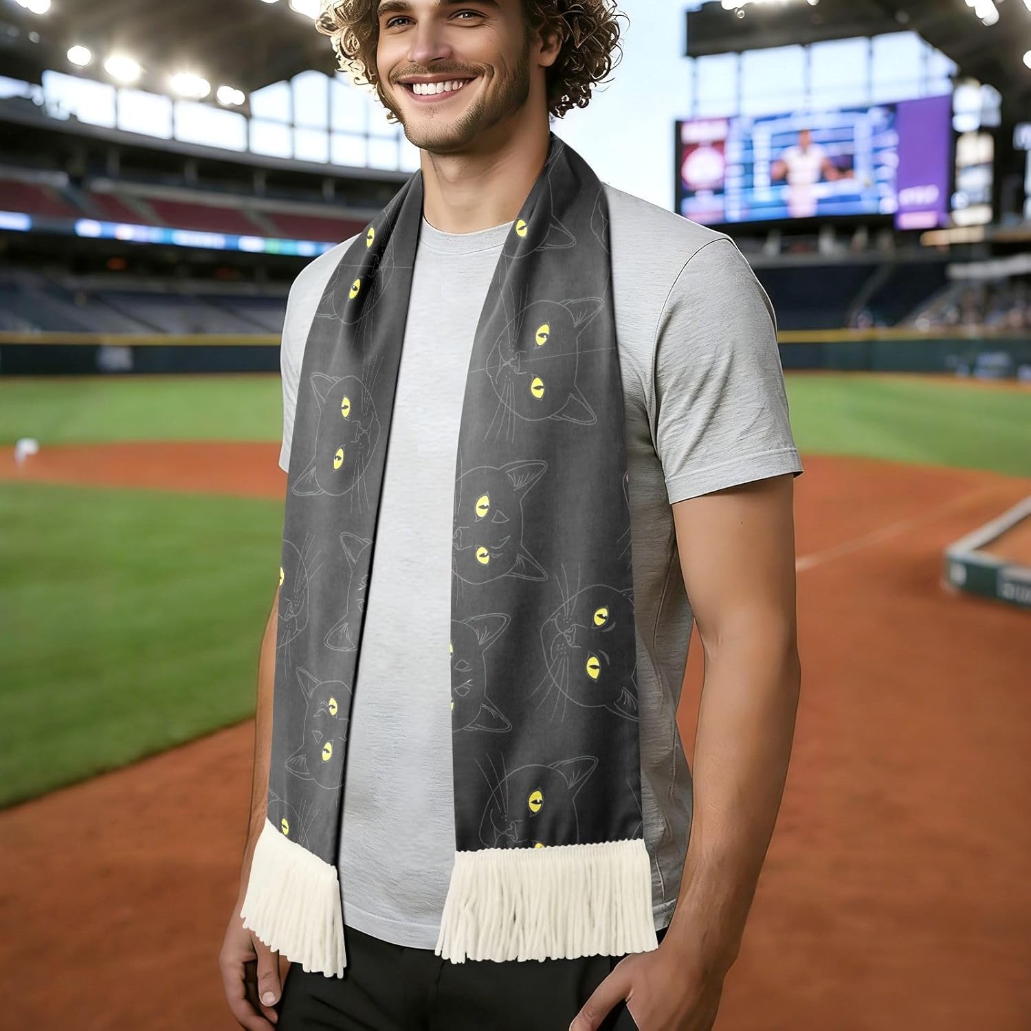 CHIFIGNO Black Cat Eyes Sports Fan Scarf Towel, Soft Absorbent Polyester Soccer Scarf for Cheering, Quick Dry Rally Towel with Fringe Ends