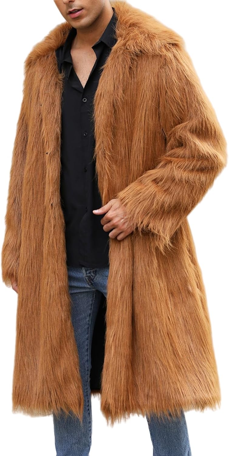 Mens Faux Fur Coat Winter Long Fuzzy Fleece Jacket Warm Thicken Open Front Cardigan Lapel Long Sleeve Parka Overcoats