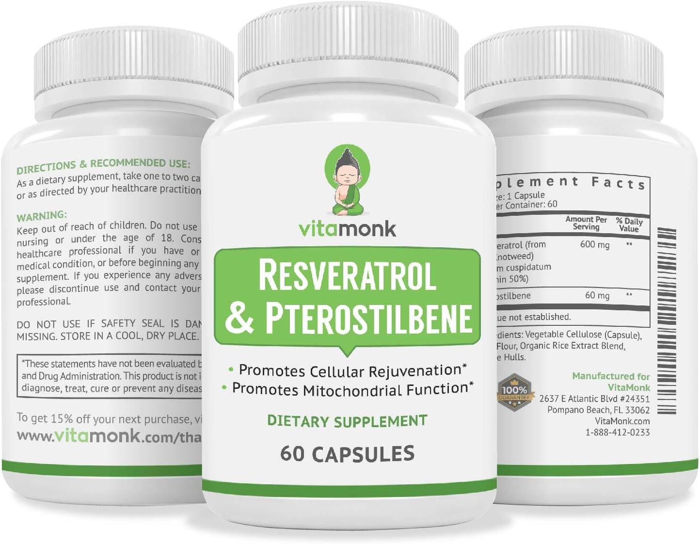 VitaMonk Resveratrol with Pterostilbene 600mg/60mg - No Artificial Fillers Healthy Aging and Longevity Supplement - 60 Capsules - Precise Formula with Trans Pterostilbene Resveratrol Supplements
