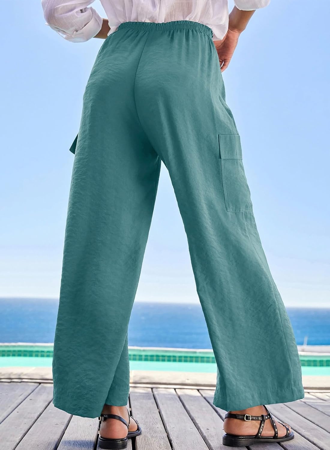 EVALESS Women Wide Leg Cargo Pants Summer Casual Drawstring Waist Lounge Trousers 2026 Beach Vacation Travel Clothes - Image 3