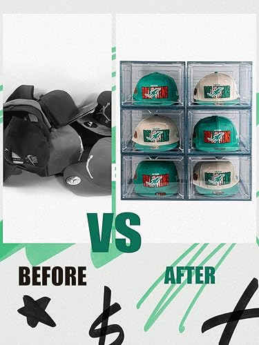Miniatura 39 de Paquete de 6 cajas organizadoras de sombreros, apilables transparentes para gorras de béisbol, contenedores con puerta magnética para sombreros