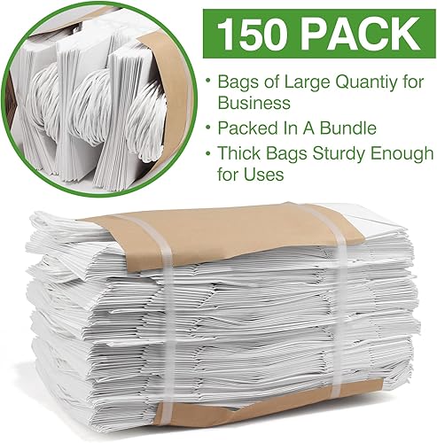 Miniatura 3 de SHOPDAY Paquete de 150 bolsas de papel blanco con asas a granel de 10 x 5 x 13 pulgadas, bolsas de papel kraft reciclables grandes para pequeñas