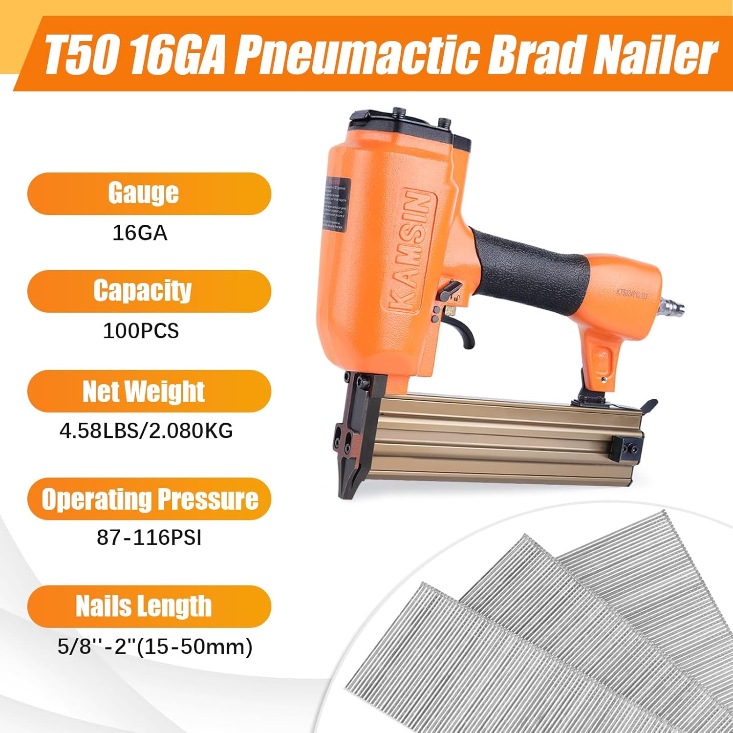 T50 16 Gauge Pneumatic Brad Nailer - 5/8-inch to 2-inch (15-50mm) Brad Nails, Air Power Brad Nail Gun, Finish Nailer for Woodworking Projects, Carpentry, Upholstering
