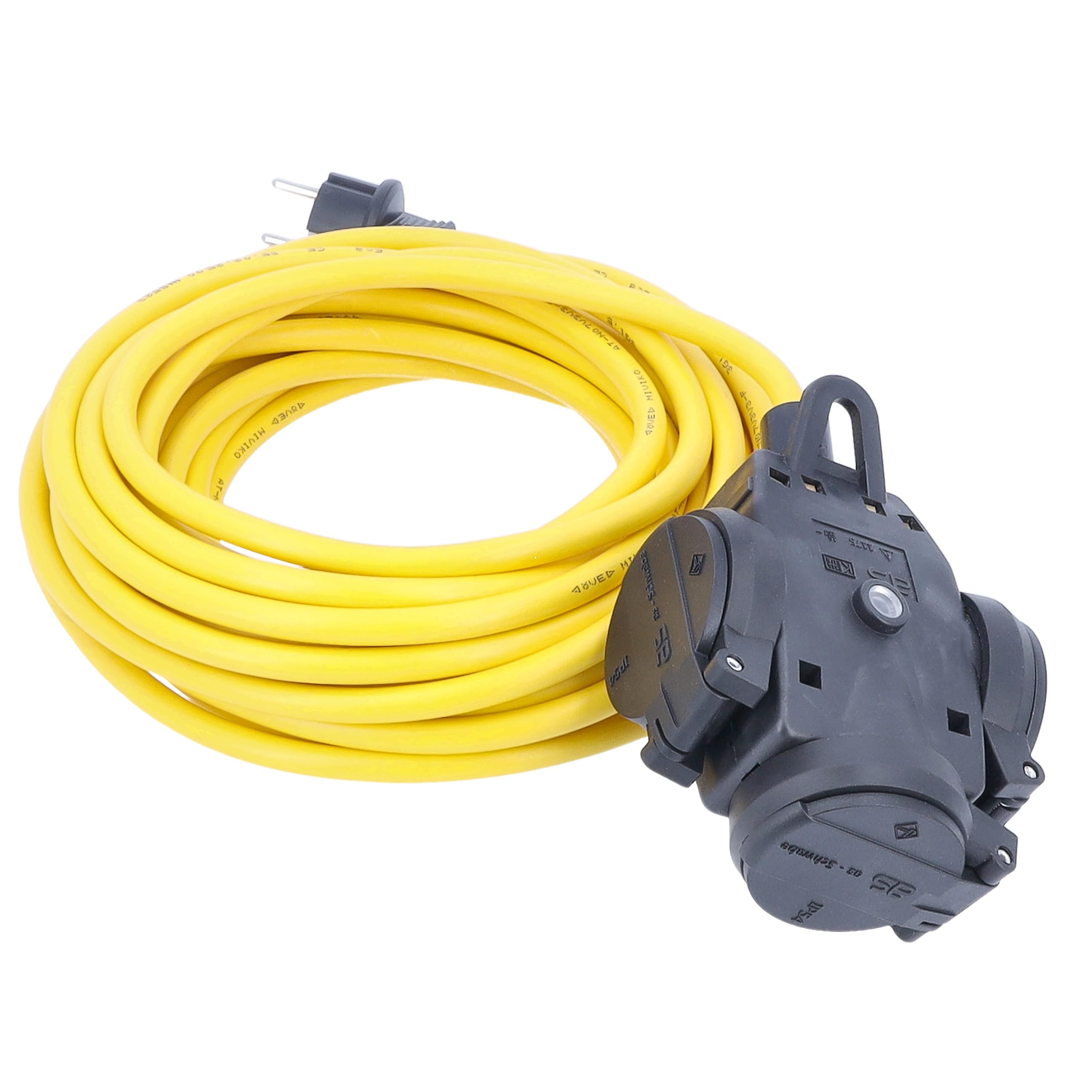 as - Schwabe K35 AT-N07V3V3-F 3G2,5 Répartiteur 3 prises en caoutchouc plein 15 m avec 3 prises de contact de protection et couvercle de sécurité IP44 pour l'extérieur 60343
