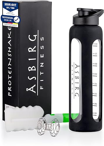 Botella agitadora de proteínas de vidrio de 35 onzas, sin BPA, tapa a prueba de fugas, bola mezcladora y funda de silicona, gran agitador de