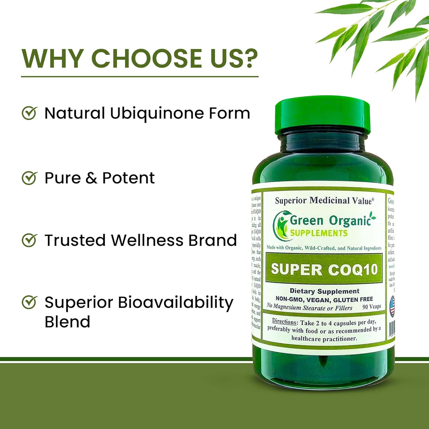 Green Organic Supplements CoQ10 (Ubiquinone), Super, 90 VCaps, High Absorbable, Non-GMO, Gluten-Free (Single)