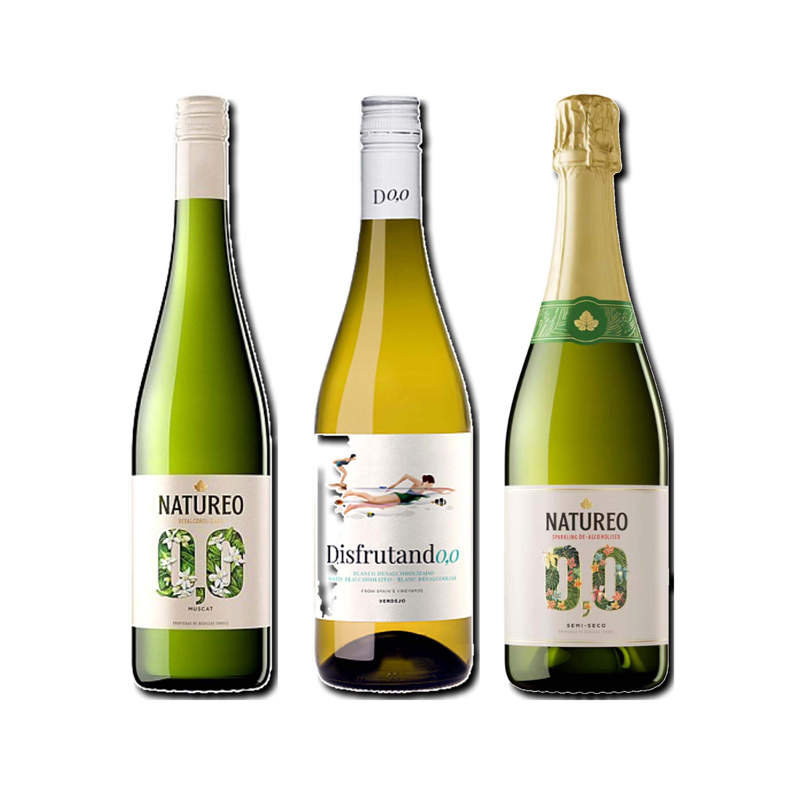 vino sin alcohol 0,0 Natureo Blanco Muscat, Disfrutando 0,0 Blanco y Natureo Sparking 0,0 pack de 3 botellas 75cl