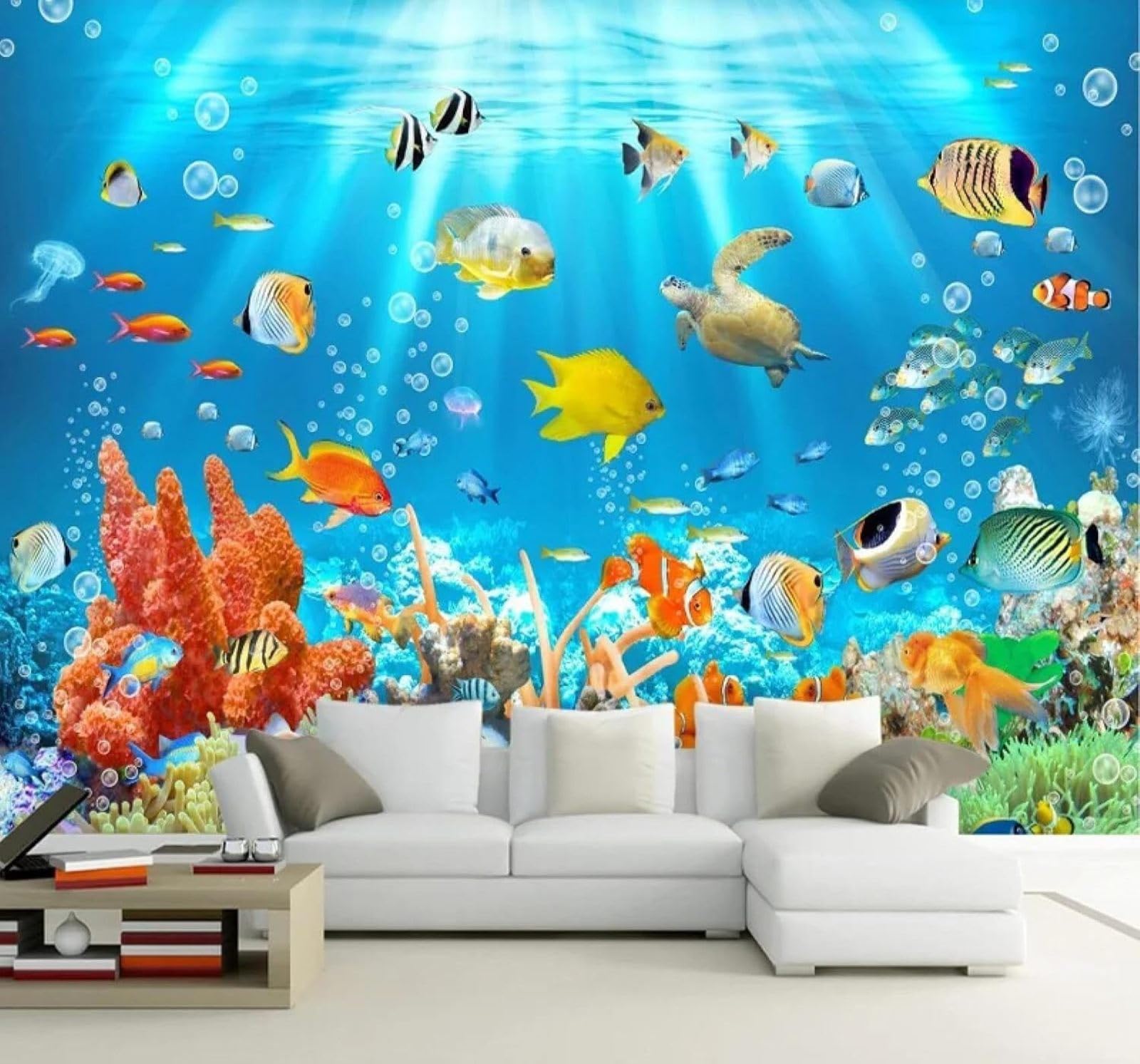 Xlming 430Cm×300Cm(B×H) Beautiful Blue Underwater World Schools Of Fish Coral 3D Wallpaper Luxury Home Dining Decor Paste Sofa Living Room The Wall For Bedroom Mural-430Cm×300Cm