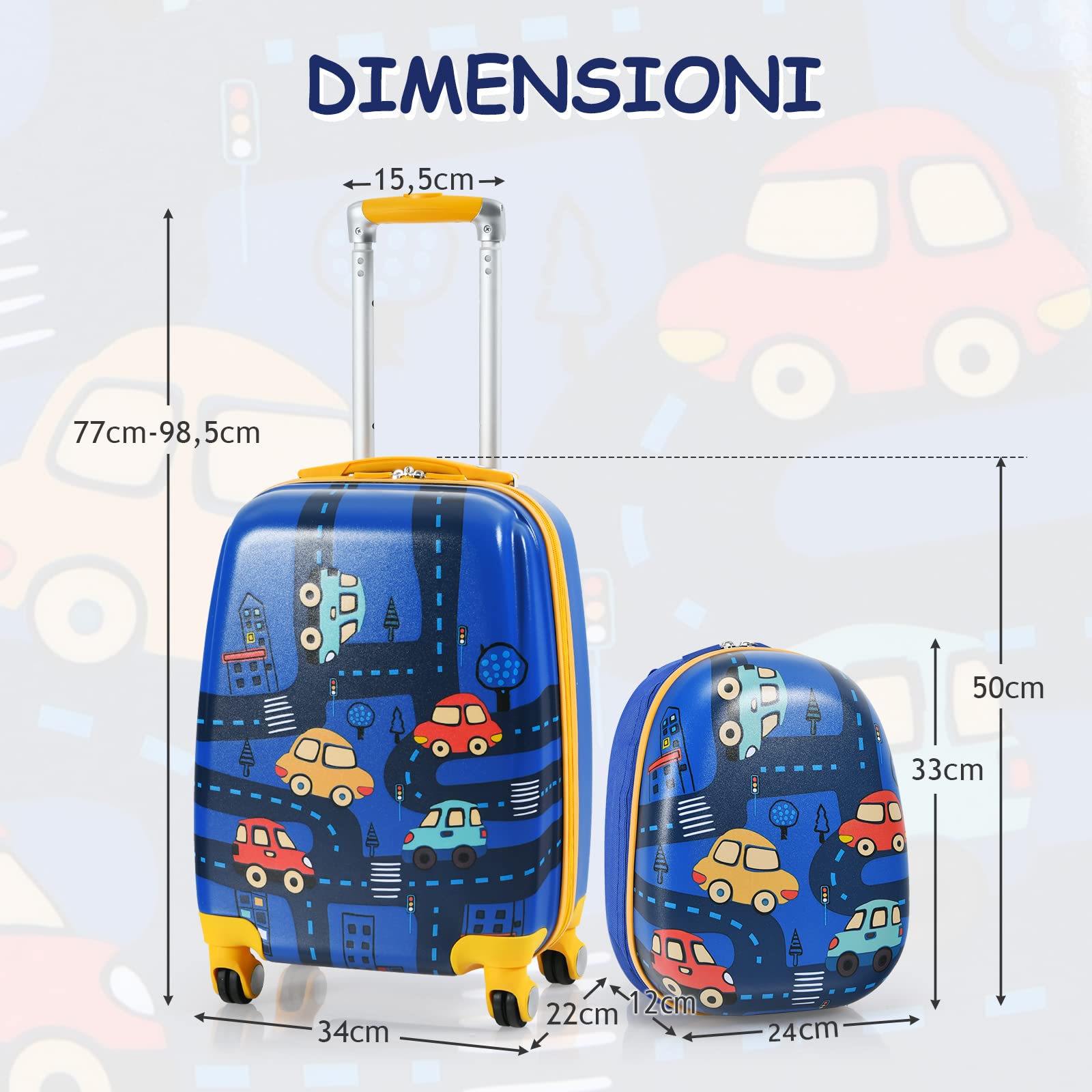 DREAMADE Trolley per Bambini, Set di Zaino + Trolley da Viaggio con Maniglia Leggero con Ruote (12"+18", Auto)