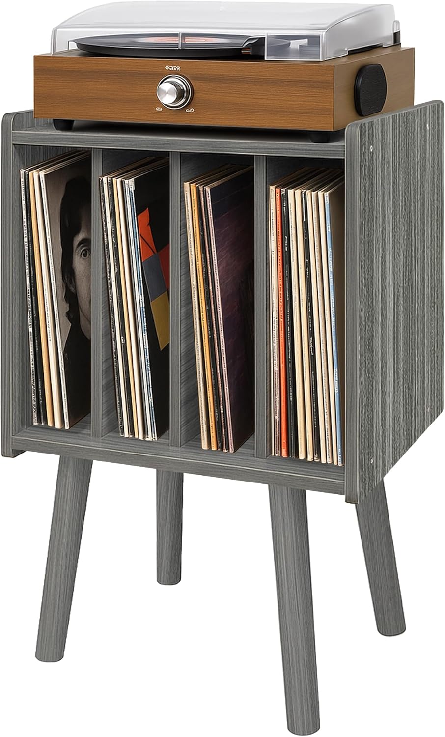 Record Player Stand, Vinyl Record Storage Table with 4 Cabinet, Mid Century Modern Turntable Stand, Organizer Vinyl Table for Bedroom Living Room(Black)