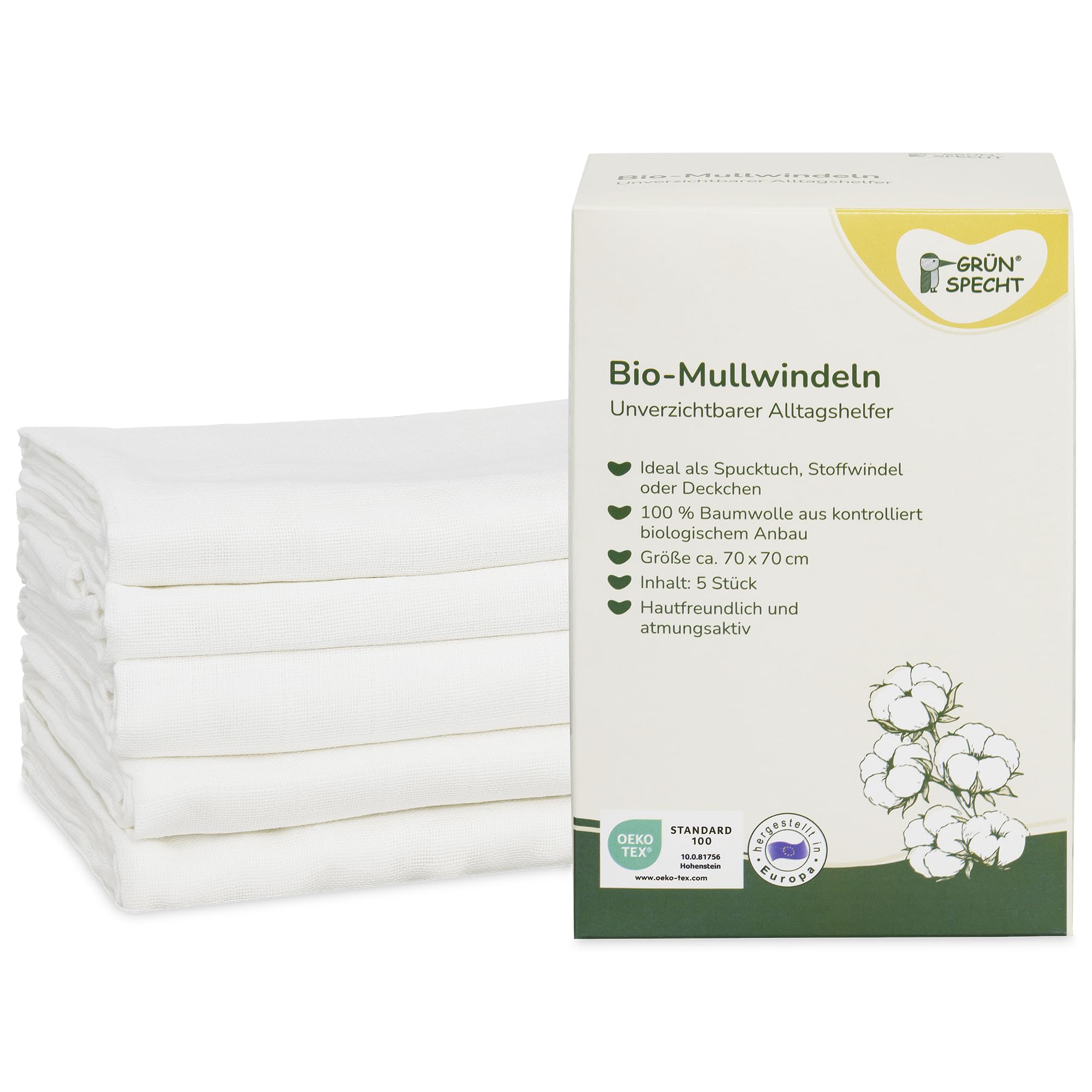 Grünspecht 692-00 Lot de 5 langes bio en mousseline 100% coton (kbA) sans azurants optiques, doux pour la peau et absorbants Blanc 70 x 70 cm