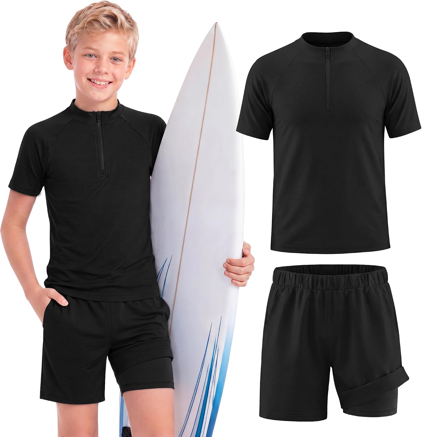 Halfchet Boy's Swimsuit Short Sleeve Rash Guard and Swim Trunk Two Pieces Bathing Suit UPF 50+ Swimwear 5-14 Years