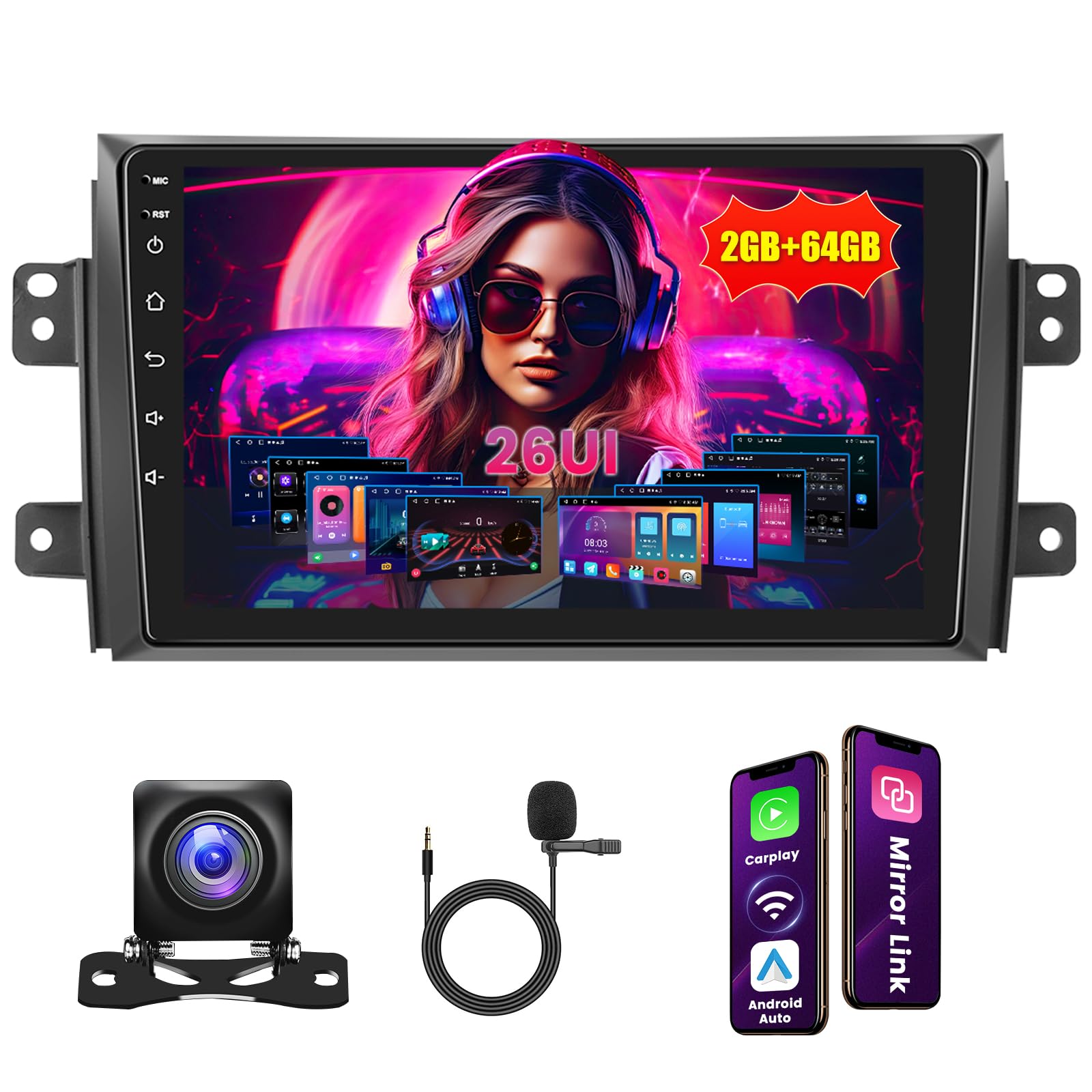 Inefala [2G+64G] Android 15 Car Radio for Suzuki SX4 2006-2013 with Wireless CarPlay/Android Auto, 9 Inch 1080P Touchscreen Car Stereo with GPS WiFi Bluetooth FM/RDS EQ SWC Backup Camera MIC