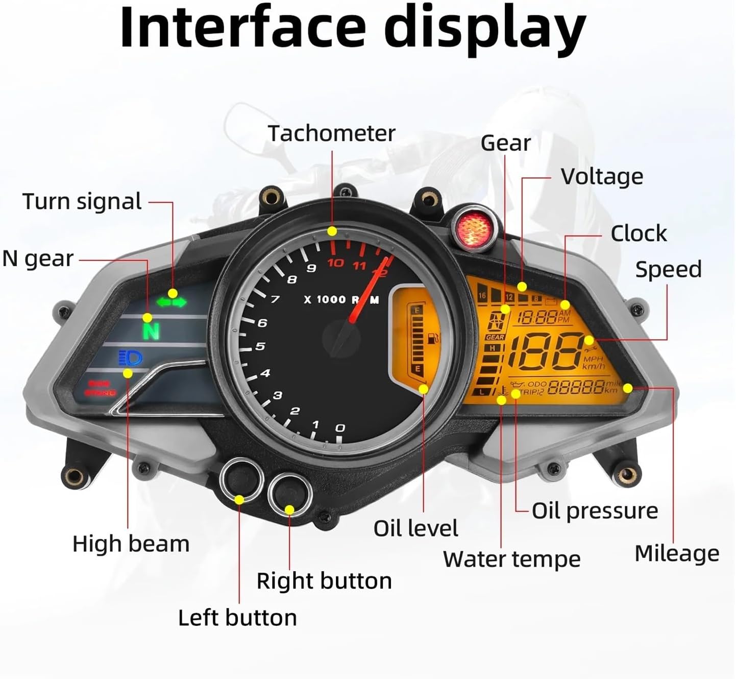 Motorcycle Speedometer Gauge Motorcycle 12000RPM Tachometer Odometer Meter Tach Oil Gauge Water Temp Motor Dash Board for Ba&jaj 200NS